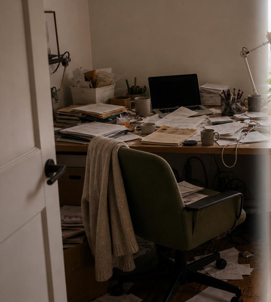 A messy work room before a LumaRoom daily reset